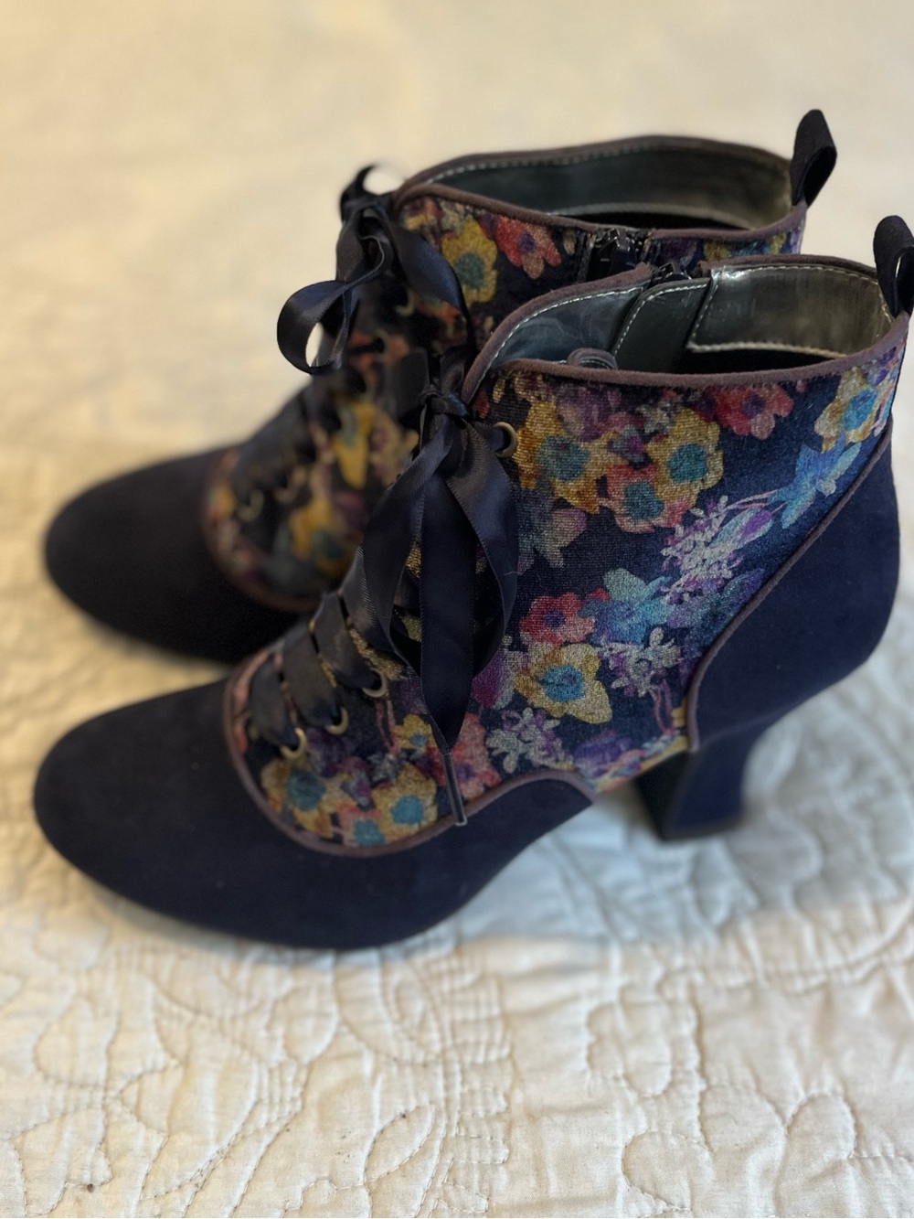 NWT - Ruby Shoo Navy Floral Booties with Satin Ribbon Laces